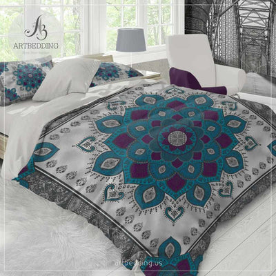 Mandala bedding, Teal and plum Mandala duvet cover set, Henna Mehendy mandala quilt cover set, boho bedspread Bedding set