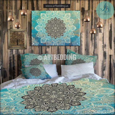 Mandala bedding, Turquoise green Lace mandala  duvet cover set, Bohemian duvet cover, Boho rustic bedspread Bedding set