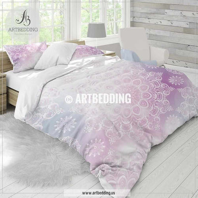 Mandala bedding, Whie and pink Mandala bedding, Serene bohemian  comforter set, bohemian bedroom decor Bedding set