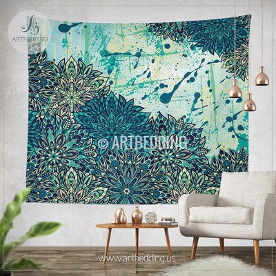 Mandala Tapestry, Blue and green Mandala tapestry wall hanging, mandala art tapestry, bohochic wall hanging Tapestry