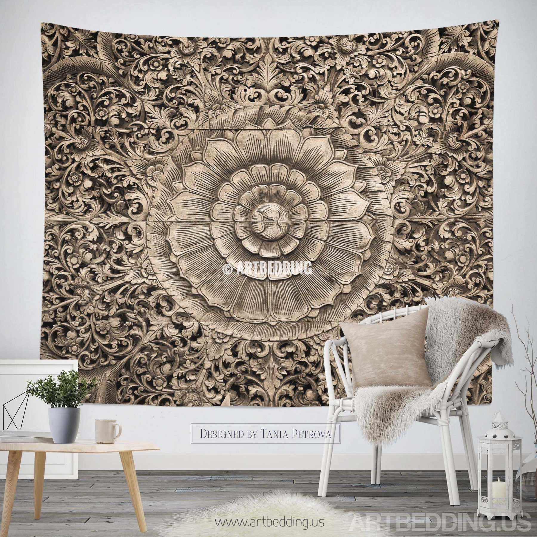 Mandala Tapestry, Carved wood mandala wall tapestry, Carved wood