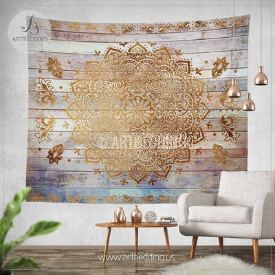 Mandala Tapestry, Mehendy henna ethno mandala wall tapestries, bohemian tapestry, Chabby chic vintage mandala decor, distressed wood wall art print Tapestry