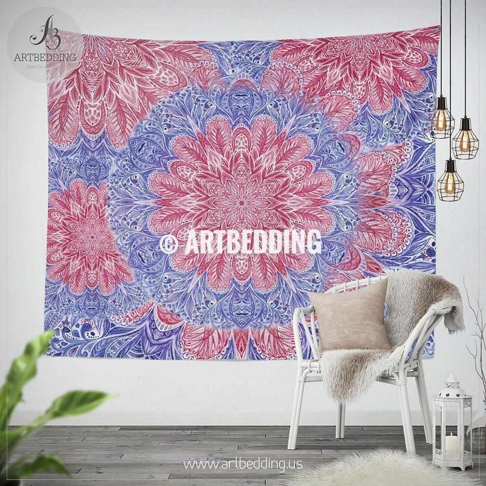Mandala wall tapestry, Berry Red and Lavender blue Mandala wall hanging,  Serenity ethno Indie art tapestry, bohemian interior