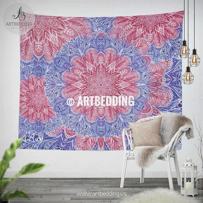 Mandala wall tapestry, Berry Red and Lavender blue Mandala wall hanging, Serenity ethno Indie art tapestry, bohemian interior Tapestry