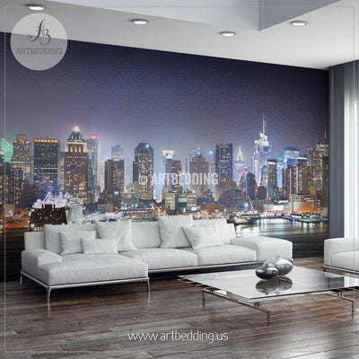 Manhattan skyline panorama at night over Hudson River with refelctions viewed from New Jersey Wall Mural, Landmarks Photo Mural, Cityscape photo mural wall mural