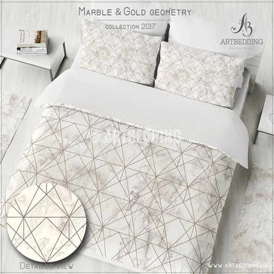 Marble and copper geometry Duvet cover, Beige marble texture with copper metal geometry pattern art print duvet cover, marble bedding, artbedding duvet cover