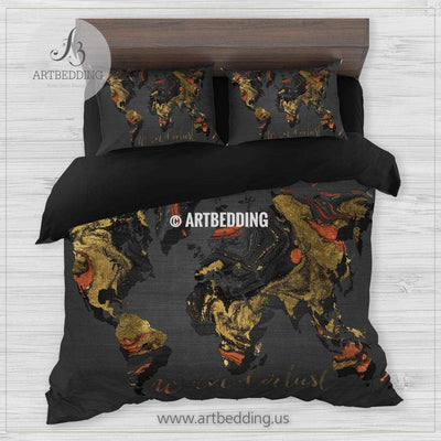 Marble map bedding, Black and orange marble duvet cover set, Wanderlust marble travel map comforter set Bedding set