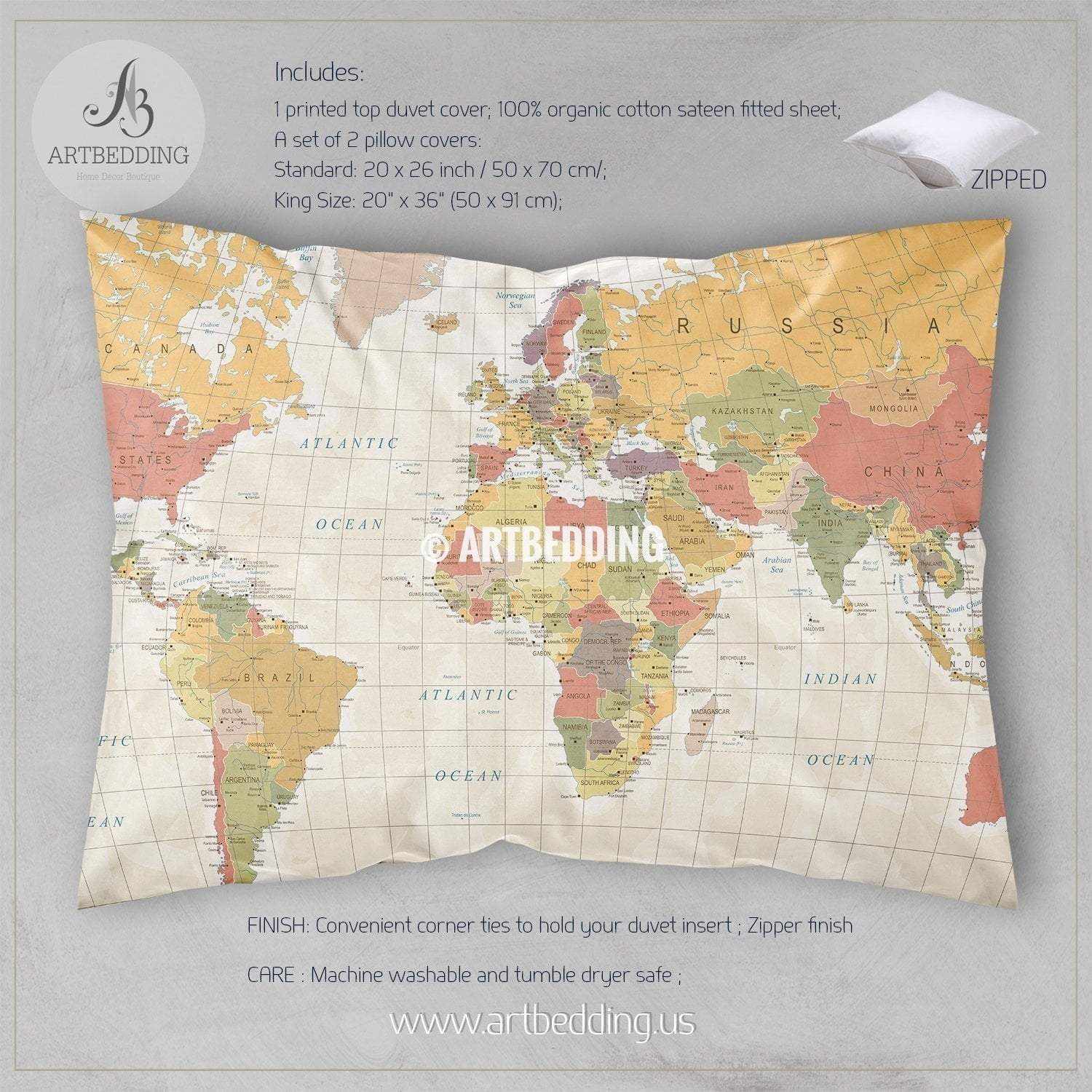 Modern Detailed World Map bedding, Vintage world map duvet cover set ...
