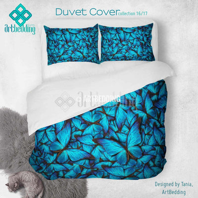 Nature blue butterflies printed Duvet cover, premium butterflies duvet cover, Cotton sateen duvet cover, butterflies art print duvet cover, artbedding duvet cover