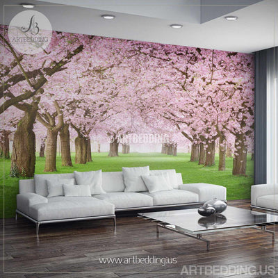 Nature Wall Mural Chery blossom Pathway on a green lawn, Cherry blossom photo mural Self Adhesive Peel & Stick, Nature spring wall mural wall mural