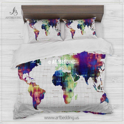 Not all those who wander are lost map bedding, Watercolor map duvet cover set, Modern wanderlust map comforter set Bedding set
