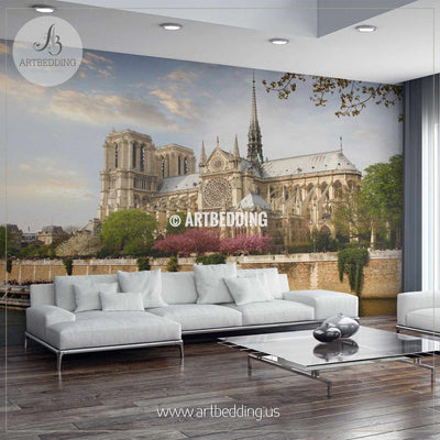 Notre Dame with boat on Seine, France Wall Mural, Photo Mural, wall décor wall mural
