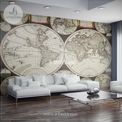 Old Double Hemisphere World Map from 1696 Wall Mural, Self Adhesive Peel & Stick Photo Mural, Atlas wall mural, mural home decor wall mural