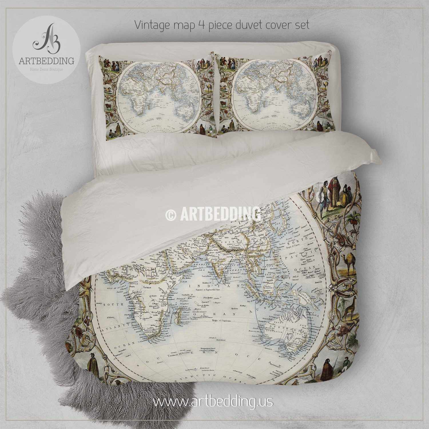 Old map bedding, Vintage old stained World map duvet cover set, Antique ...