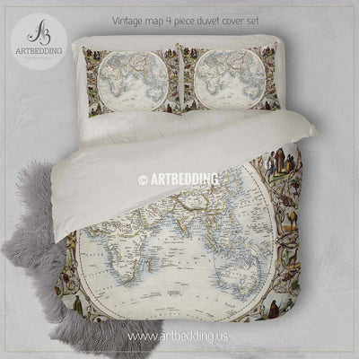 Old map bedding, Vintage old World map Hemisphere oriental duvet cover set, Antique map queen / king / full Bedding Set, Vintage steampunk map Duvet cover set Bedding set