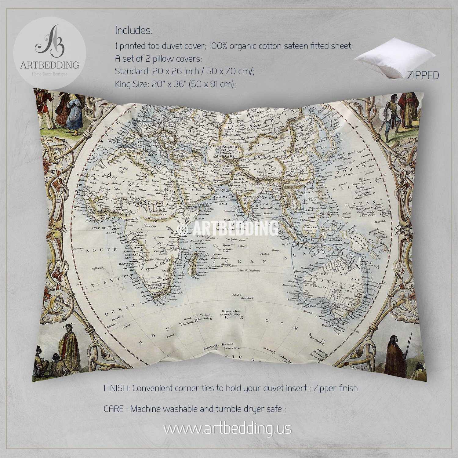 Old map bedding, Vintage old stained World map duvet cover set, Antique ...