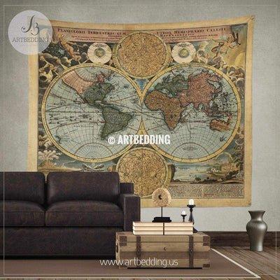 Old map wall tapestry, vintage interior map wall hanging, old map wall decor, vintage map wall art print Tapestry
