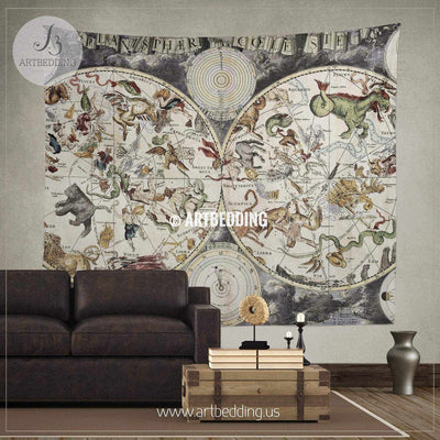 Old sky map depicting boreal and austral hemispheres with constellations and zodiac signs wall tapestry, vintage interior map wall hanging, old map wall decor, vintage map wall art print Tapestry