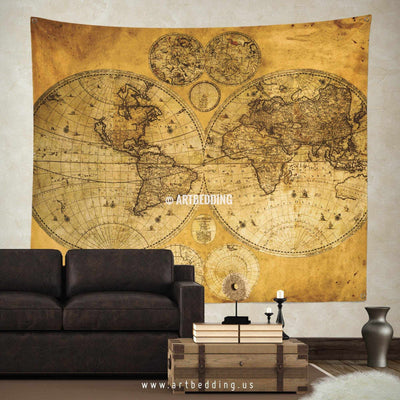 Old two hemispheres world map wall tapestry, vintage interior world map wall hanging, old map wall decor, vintage map wall art print Tapestry