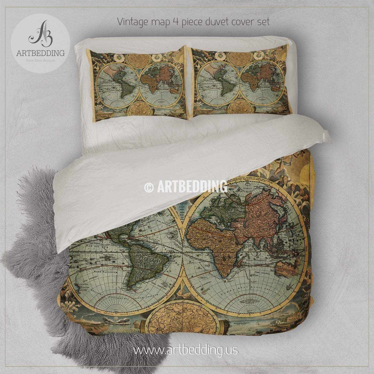 Old World Map Hemisphere bedding, Vintage old map duvet cover set, Ant ...