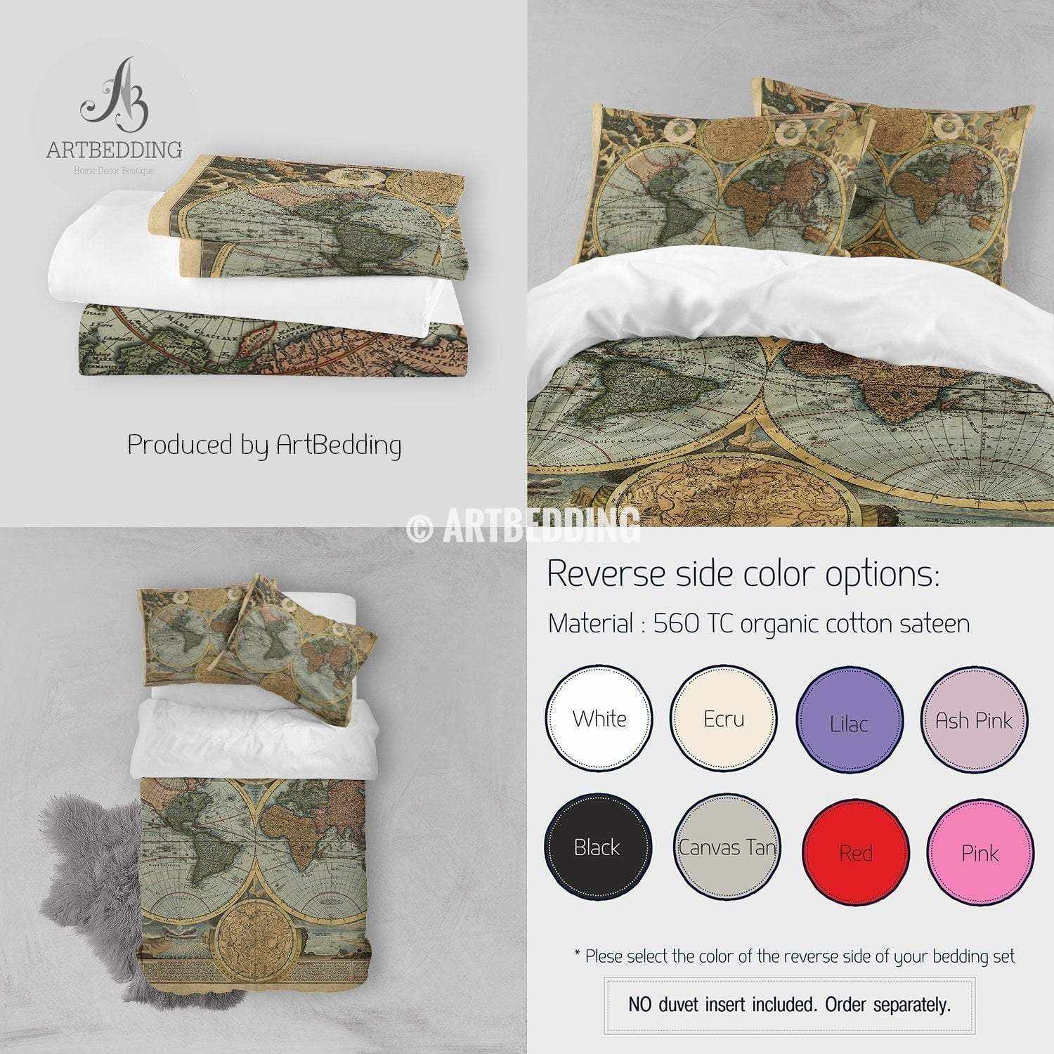 Old World Map Hemisphere bedding, Vintage old map duvet cover set, Ant ...