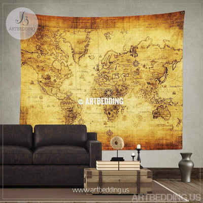Old world map wall tapestry, Historical world map wall hanging, antique old map wall decor, vintage map wall art print Tapestry