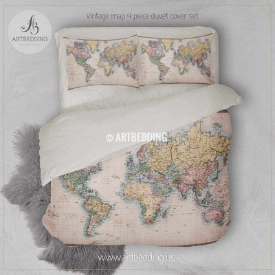 Original old hand coloured map of the World (circa 1860) bedding, Vintage old world map duvet cover set, Antique map comforter set Bedding set