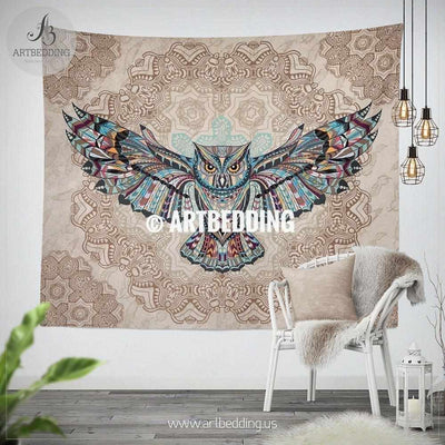 Owl Totem Zentangle Dreamcatcher wall tapestry, Geometry Owl spirit animal wall hanging, Owl boho wall tapestries Tapestry