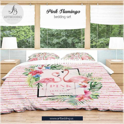 Pink Flamingo designer bedding, Watercolor pink strypes tropical flamingo duvet bedding set, Flamingo duvet cover set, Stripes flamingo comforter set, Pink tropical flowers bedroom decor Bedding set