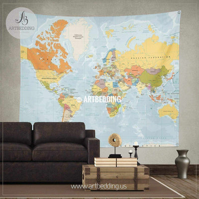 Political World Map vintage color with lakes, rivers and labelling wall tapestry, vintage interior map wall hanging, old map wall decor, vintage map wall art print Tapestry
