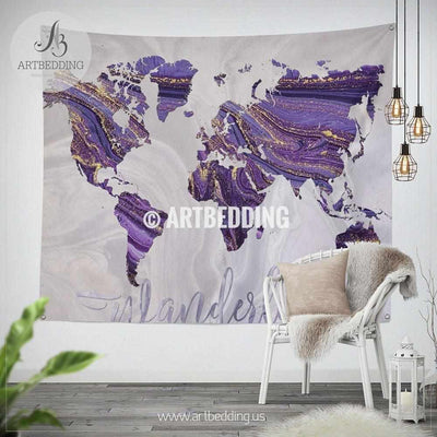 Purple and gold Wanderlust world map wall Tapestry, Boho summer vibes marble  world map wall hanging, bohemian wall tapestries, boho wall decor Tapestry
