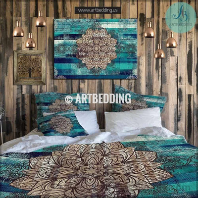 QUEEN SIZE  Bohemian bedding, Mandala duvet cover set, Bohochic bedroom, bohemian turquoise vintage decor Bedding set