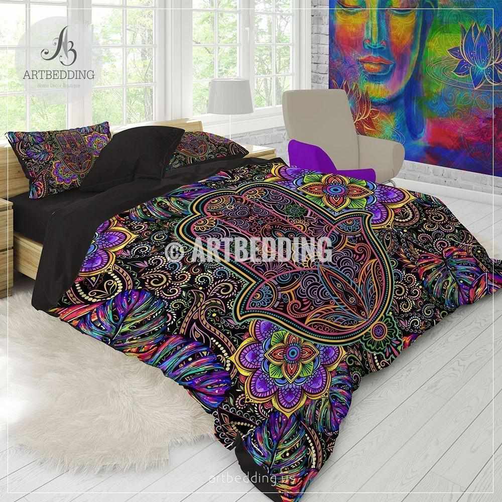 Rainbow hippie bedding, Hamsa hand Mandala bedding, Tropical amulet hi –  ARTBEDDING, image size:1000x1000
