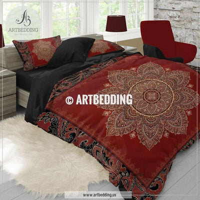 Red and black Mandala bedding, Blood red and black Mandala duvet cover set, Mehendy mandala comforter set, red bohemian bedroom decor Bedding set