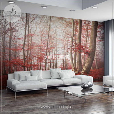 Red Leaves in Mystical Forest Self Adhesive Peel & Stick, Nature wall mural wall mural