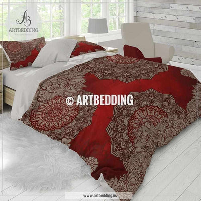 Red Mandala bedding, Burgundy red and tan mandala bedding, 1st chakra mandala bedding, bohemian comforter set Bedding set