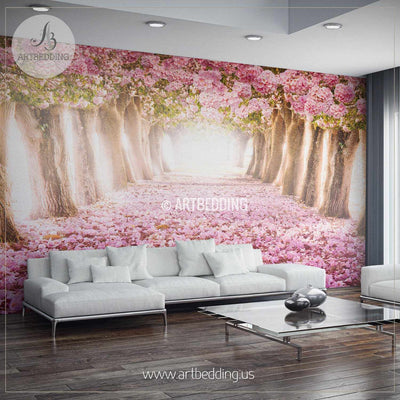Romantic Pink Flowered Trees Wall Mural, Self Adhesive Peel & Stick Photo Mural, Forest wall mural, Photo mural home decor wall mural