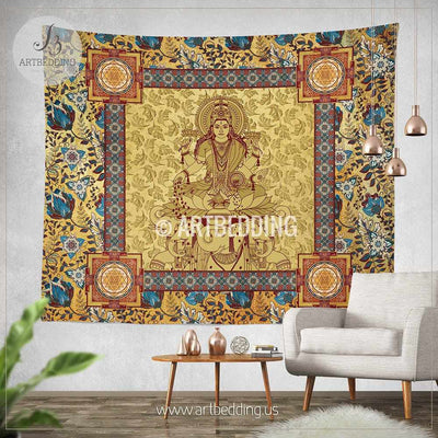 Sacred Goddess Lakshmi Tapestry, Sacred Shri Yantra wall tapestry, Boho Indie tapestry wall hanging, Prosperity talisman wall tapestry, Spiritual bohemian decor Tapestry