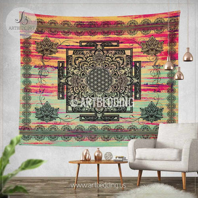 Sacred Yantra WALL Tapestry, Bohemian Wall tapestries, Boho Lotus Mandala Tapestry, Spiritual Flower of life Wall Hanging, artbedding wall art Tapestry