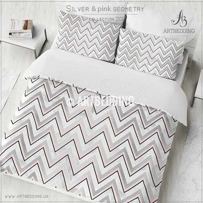 Silver and pink abstract zigzag geometry Duvet cover, White handpainted watercolor background with silver and pink abstract zigzag stripes geometry pattern duvet cover, artbedding duvet cover