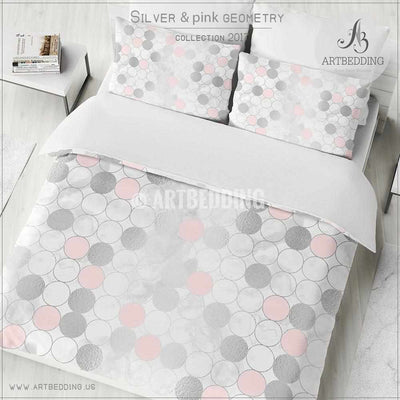 Silver and pink psychedelic geometry Duvet cover, White handpainted watercolor background with silver and pink psychedelic circle geometry pattern duvet cover, artbedding duvet cover