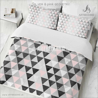 Silver foil triangle geometry Duvet cover,  Beautiful white handpainted watercolor texture with black, light pink & silver foil triangle geometry pattern duvet cover, artbedding duvet cover