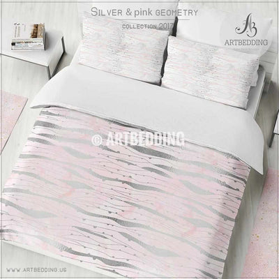 Silver psychedelic geometry Duvet cover, Pink handpainted watercolor texture with silver and pink psychedelic wave geometry pattern duvet cover, artbedding duvet cover