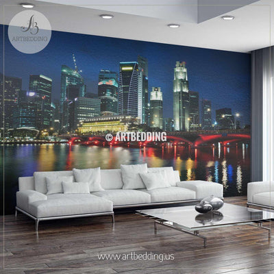 Singapore skyline and river at blue hour Wall Mural, Singapore Photo Mural, Singapore wall décor wall mural
