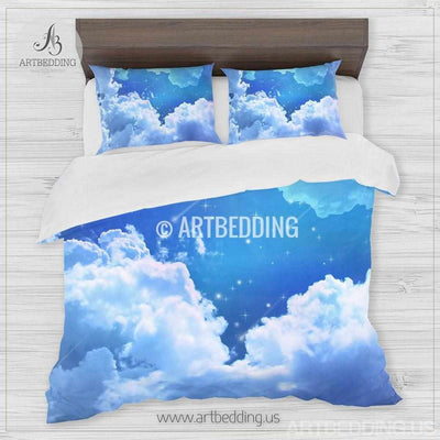 Sky blue clouds bedding, Blue skies with stars Bedding set, White clouds on a blue sky Duvet cover set, Queen / King / Full / TWIN stars Galaxy Duvet Cover, Cotton sateen bedding set, Skies bedding Bedding set