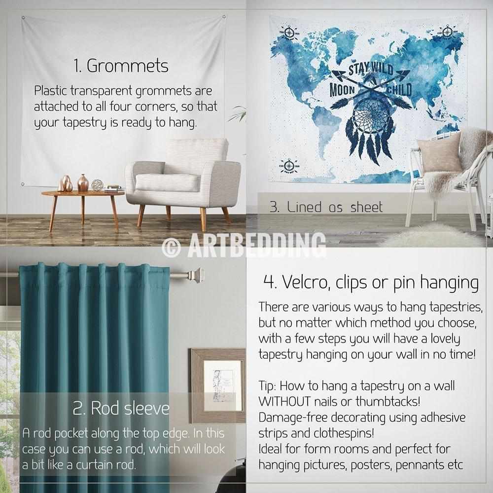 Stay wild moon child world map wall Tapestry, Watercolor