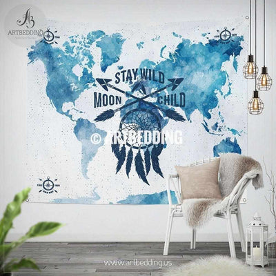 Stay wild moon child world map wall Tapestry, Watercolor dreamcatcher and arrows wall hanging, Grunge bohemian wall tapestries, boho wall decor Tapestry
