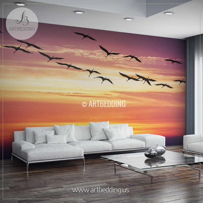 Storks flying towards Sunset Wall Mural, Self Adhesive Peel & Stick Photo Mural, Nature photo mural home decor wall mural