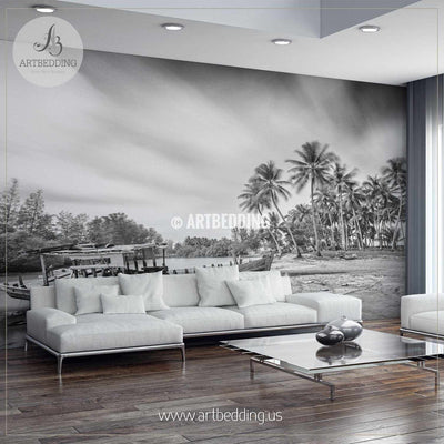 Stranded Boat in Black and White Self Adhesive Peel & Stick, Nature wall mural wall mural