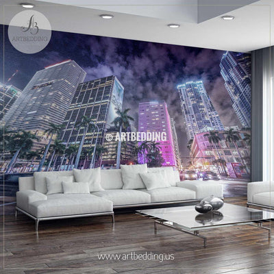 Streets and Buildings of Downtown Miami at night Wall Mural, Landmarks Photo Mural, photo mural wall décor wall mural